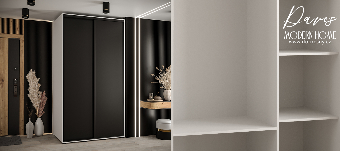 Šatní skříň s posuvnými dveřmi DAVOS 140cm | Bílá / černá / černé pojezdy