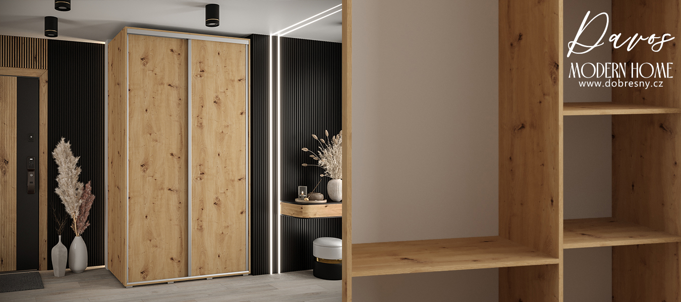 Šatní skříň s posuvnými dveřmi DAVOS 140cm | DUB Artisan / stříbrné pojezdy