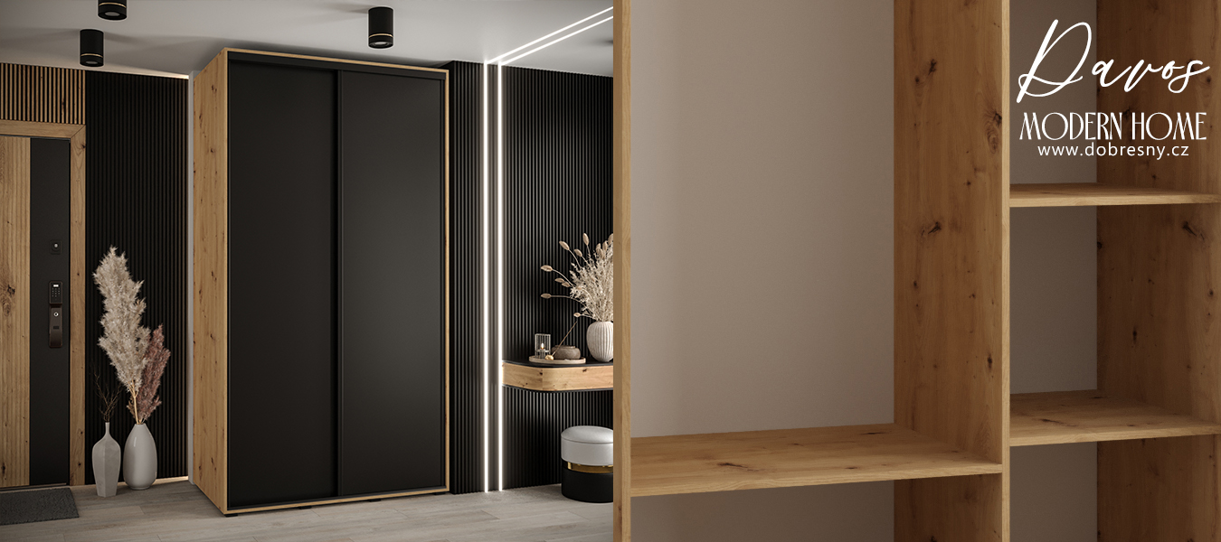 Šatní skříň s posuvnými dveřmi DAVOS 140cm | DUB Artisan / černá / černé pojezdy