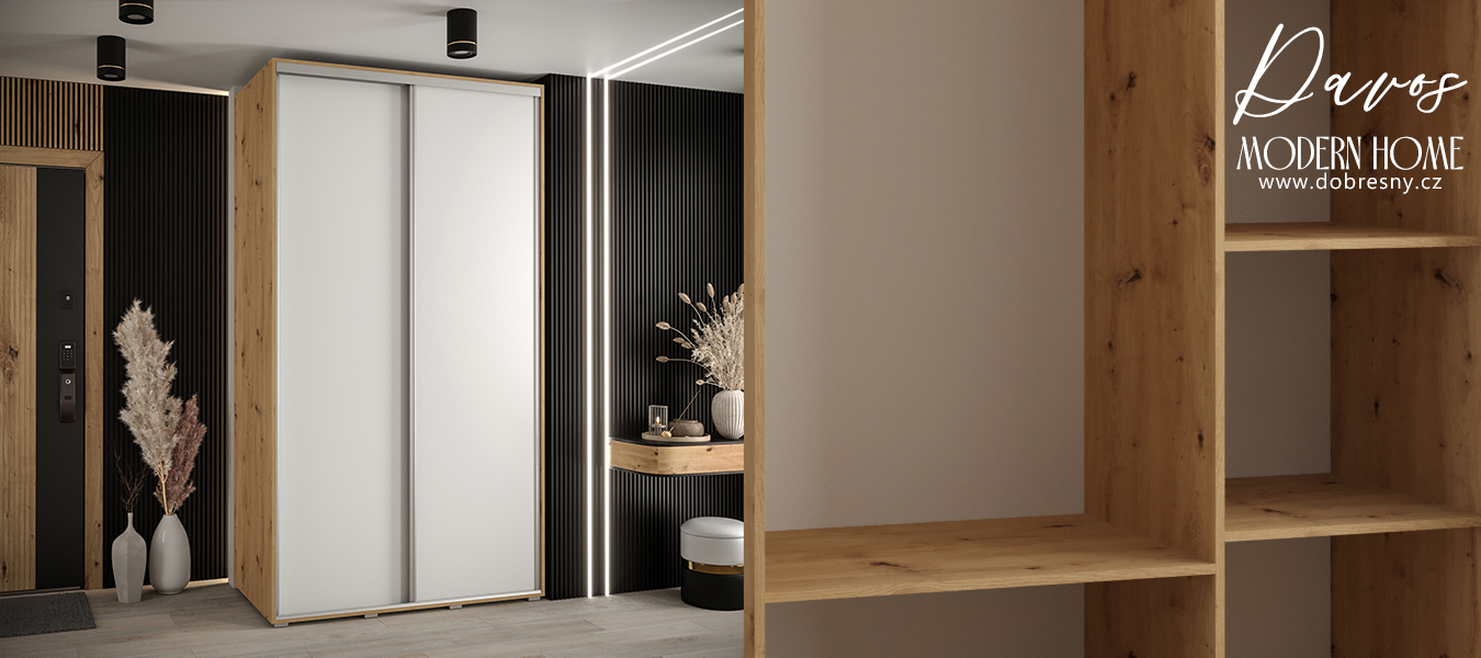 Šatní skříň s posuvnými dveřmi DAVOS 140cm | DUB Artisan / bílá / stříbrné