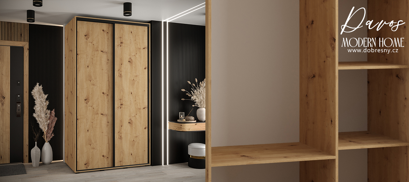 Šatní skříň s posuvnými dveřmi DAVOS 140cm | DUB Artisan / černé pojezdy