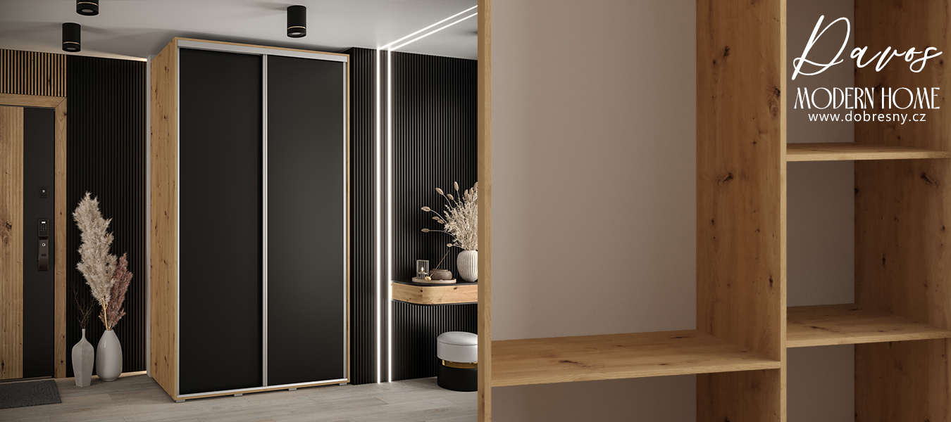 Šatní skříň s posuvnými dveřmi DAVOS 140cm | DUB Artisan / černá / stříbrné