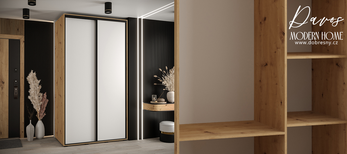 Šatní skříň s posuvnými dveřmi DAVOS 140cm | DUB Artisan / bílá / černé pojezdy