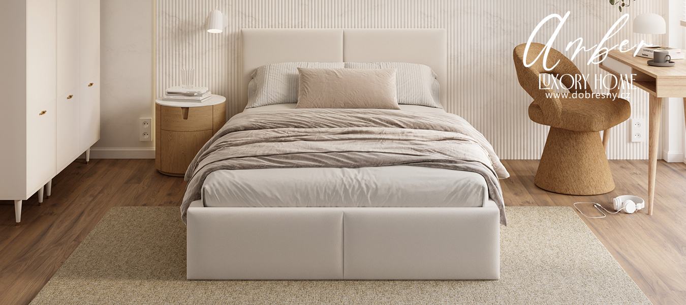 Čalouněná postel AMBER 90x200 Bílá Trinity s úložným prostorem dřevěný rošt