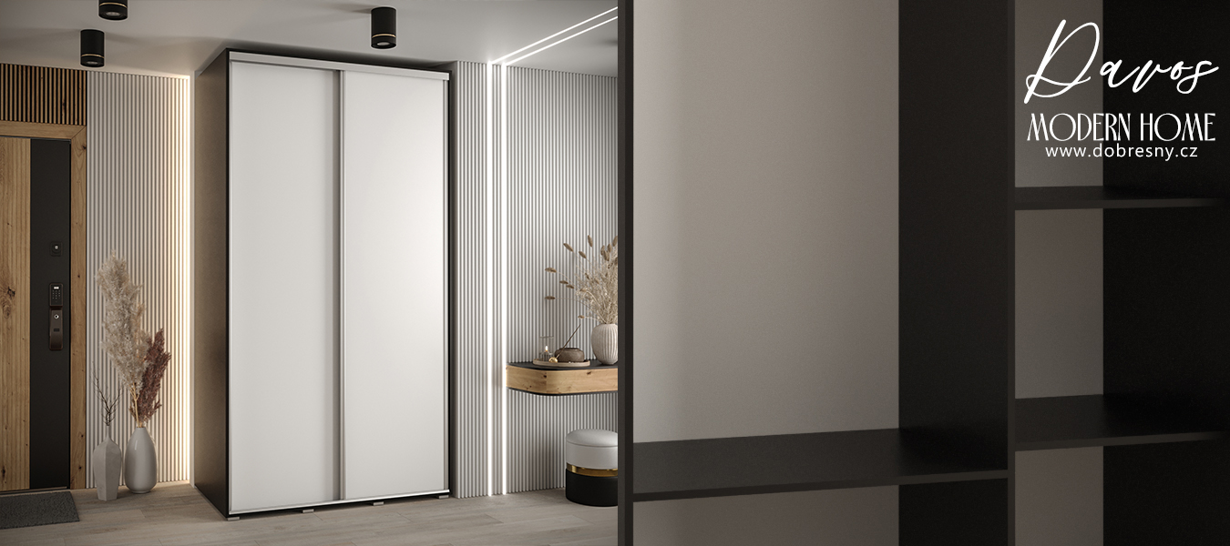 Šatní skříň s posuvnými dveřmi DAVOS 140cm | Černá / bílá / stříbrné pojezdy