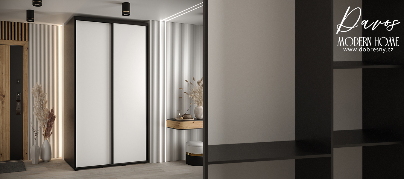 Šatní skříň s posuvnými dveřmi DAVOS 140cm | Černá / bílá / černé pojezdy