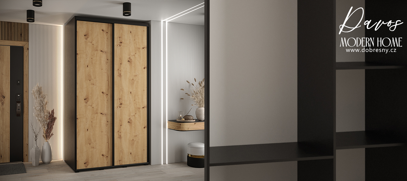 Šatní skříň s posuvnými dveřmi DAVOS 140cm | Černá / DUB Artisan / černé pojezdy