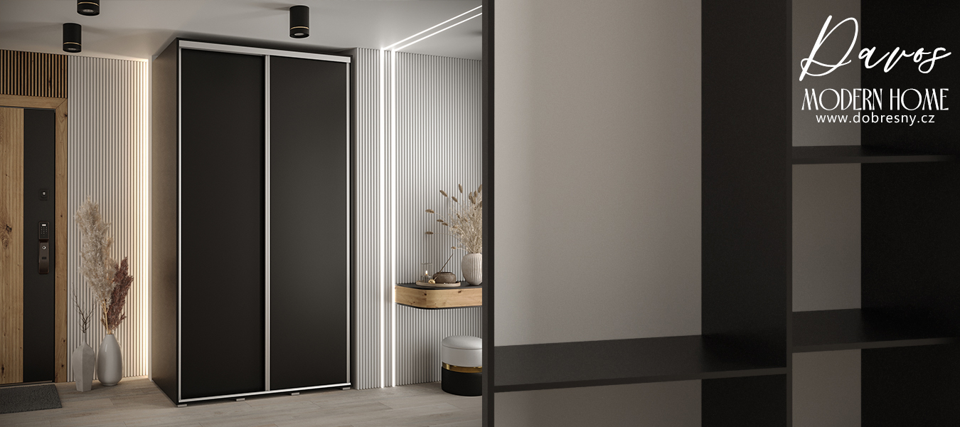 Šatní skříň s posuvnými dveřmi DAVOS 140cm | Černá / stříbrné pojezdy