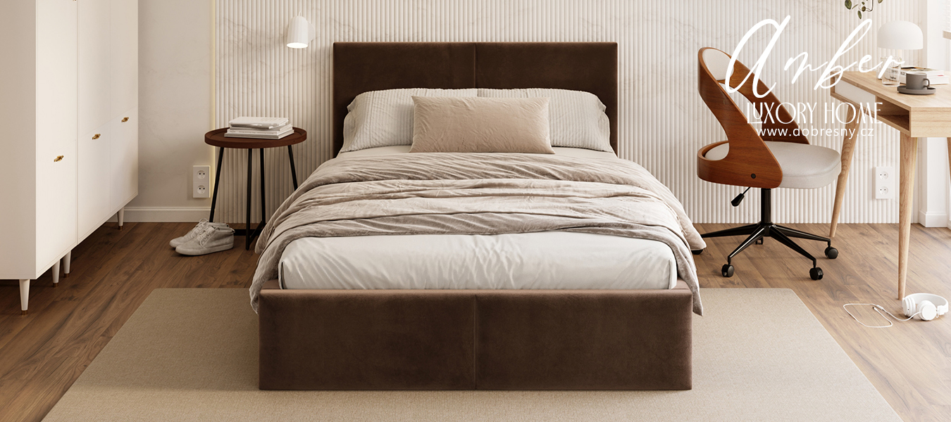Čalouněná postel AMBER 90x200 Hnědá Trinity s úložným prostorem dřevěný rošt