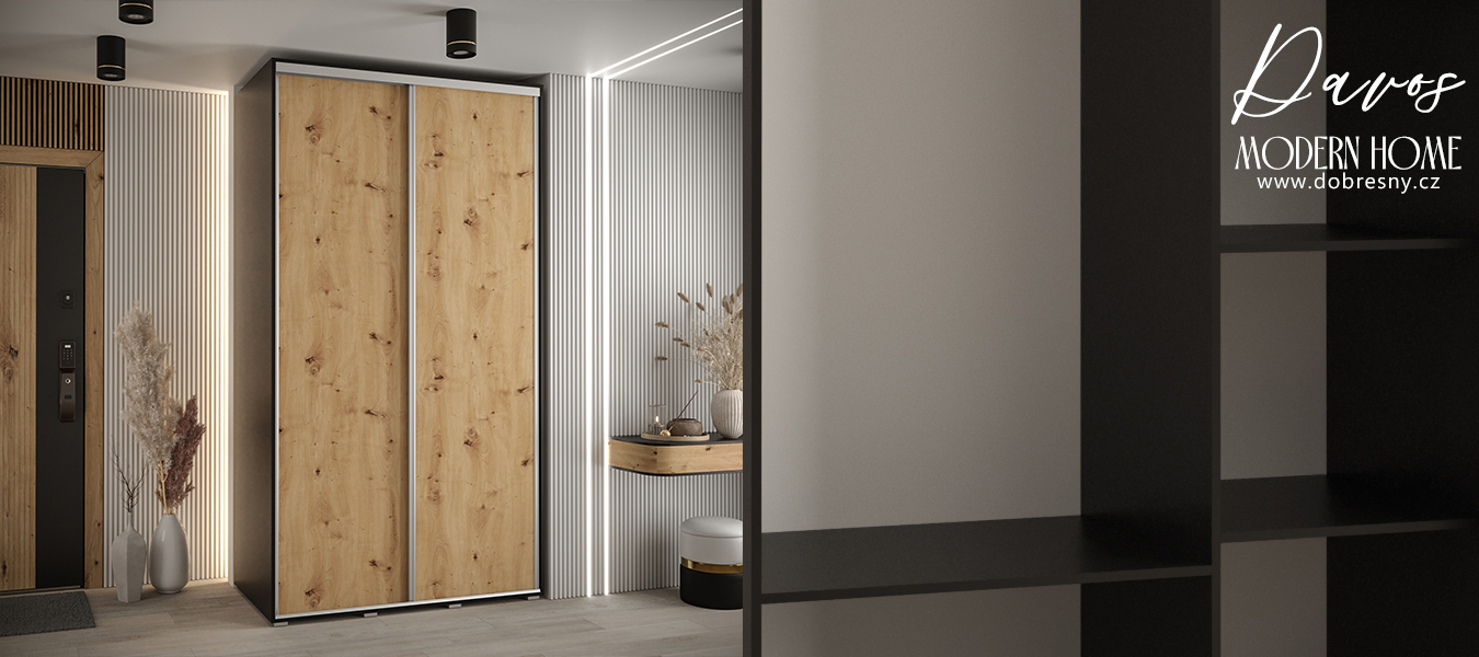 Šatní skříň s posuvnými dveřmi DAVOS 140cm | Černá / DUB Artisan / stříbrné
