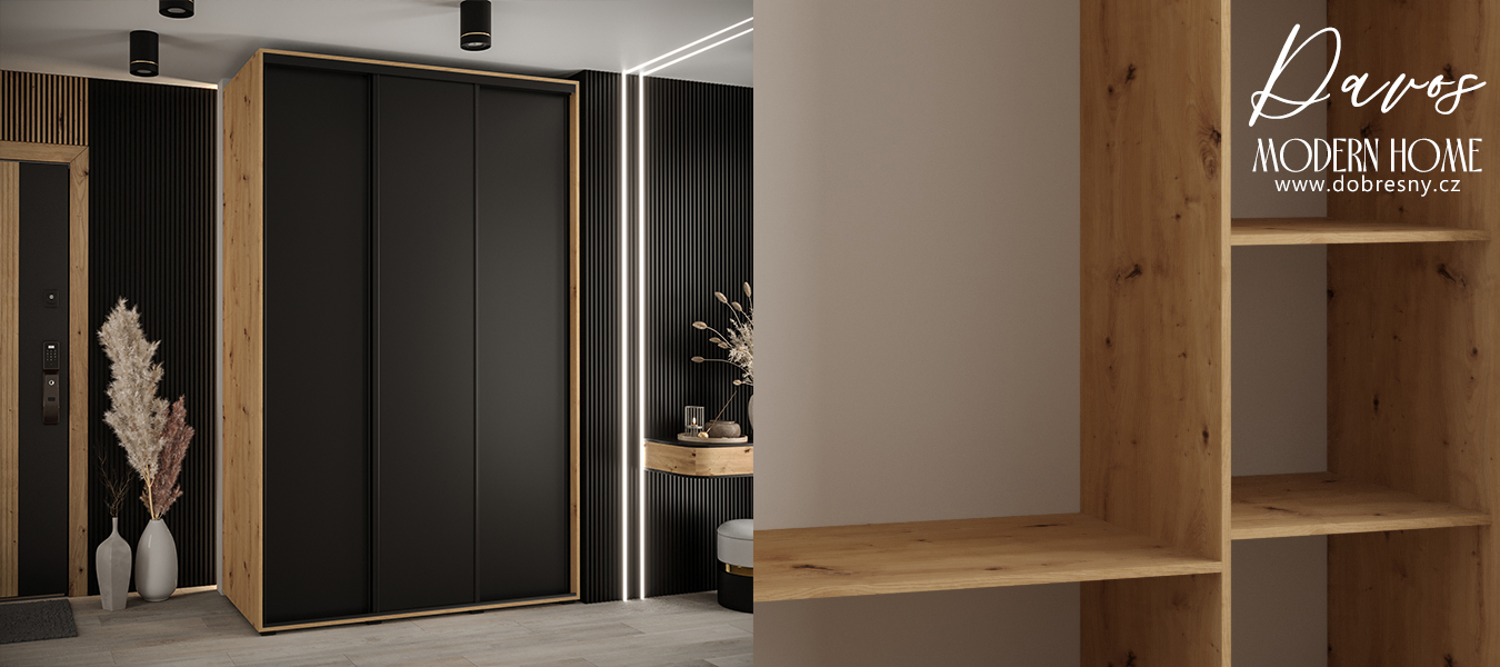 Šatní skříň s posuvnými dveřmi DAVOS 150cm | DUB Artisan / černá / černé pojezdy