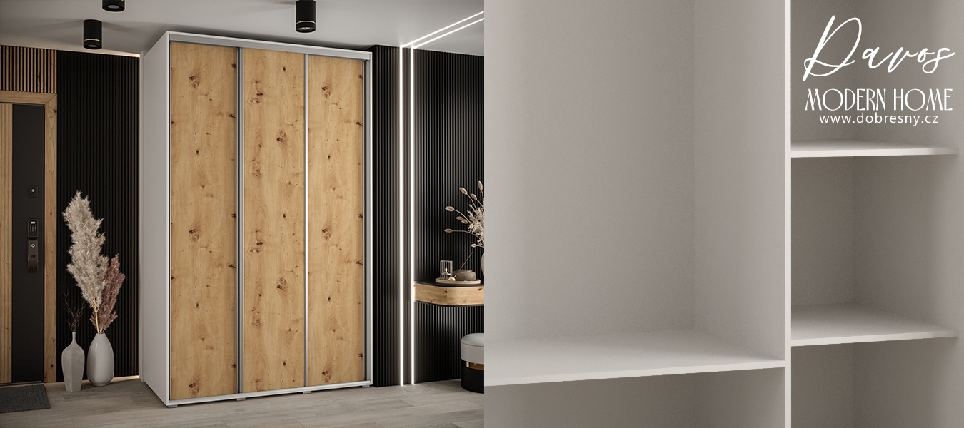 Šatní skříň s posuvnými dveřmi DAVOS 150cm | Bílá / DUB Artisan / stříbrné