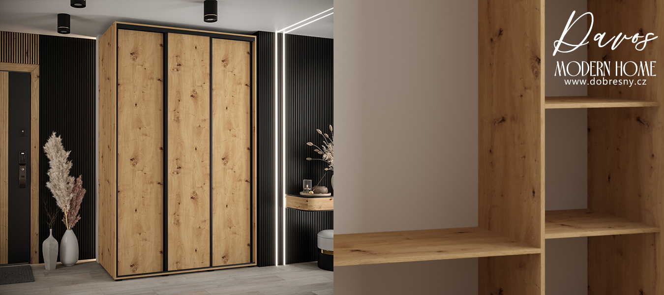 Šatní skříň s posuvnými dveřmi DAVOS 160cm | DUB Artisan / černé pojezdy