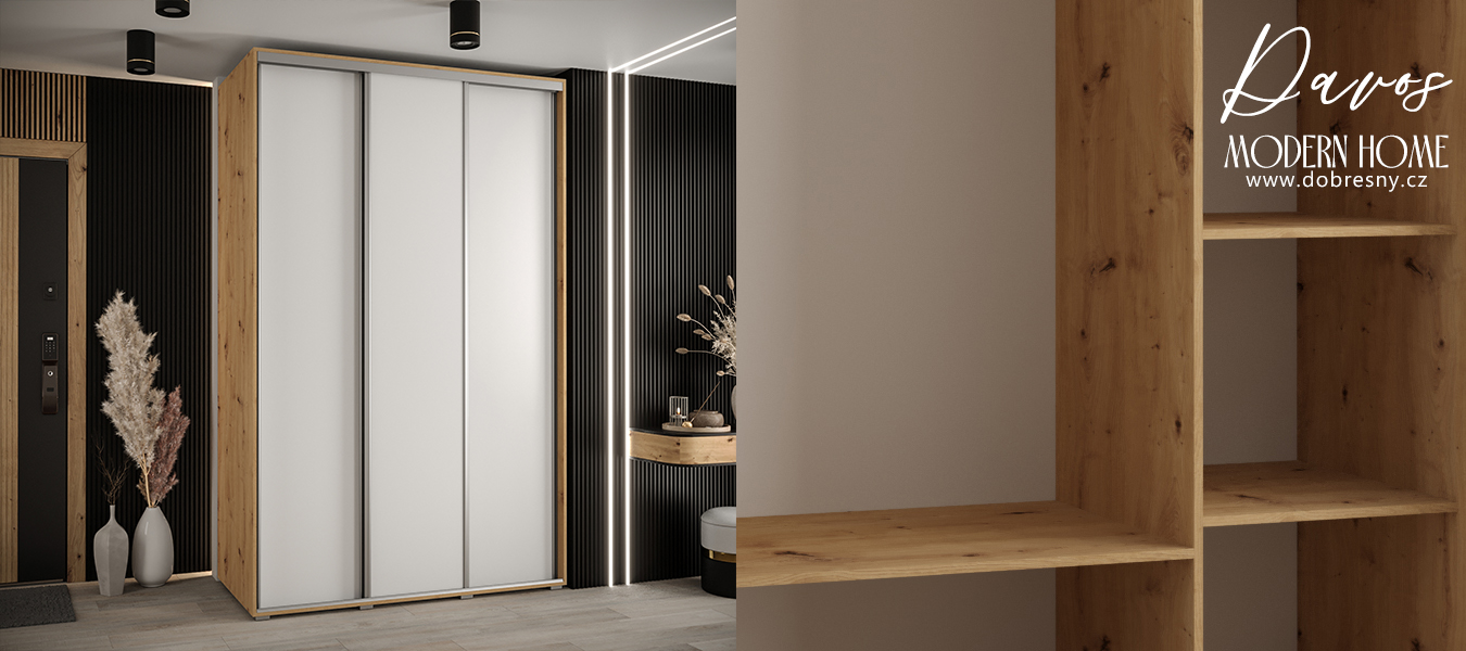 Šatní skříň s posuvnými dveřmi DAVOS 160cm | DUB Artisan / bílá / stříbrné