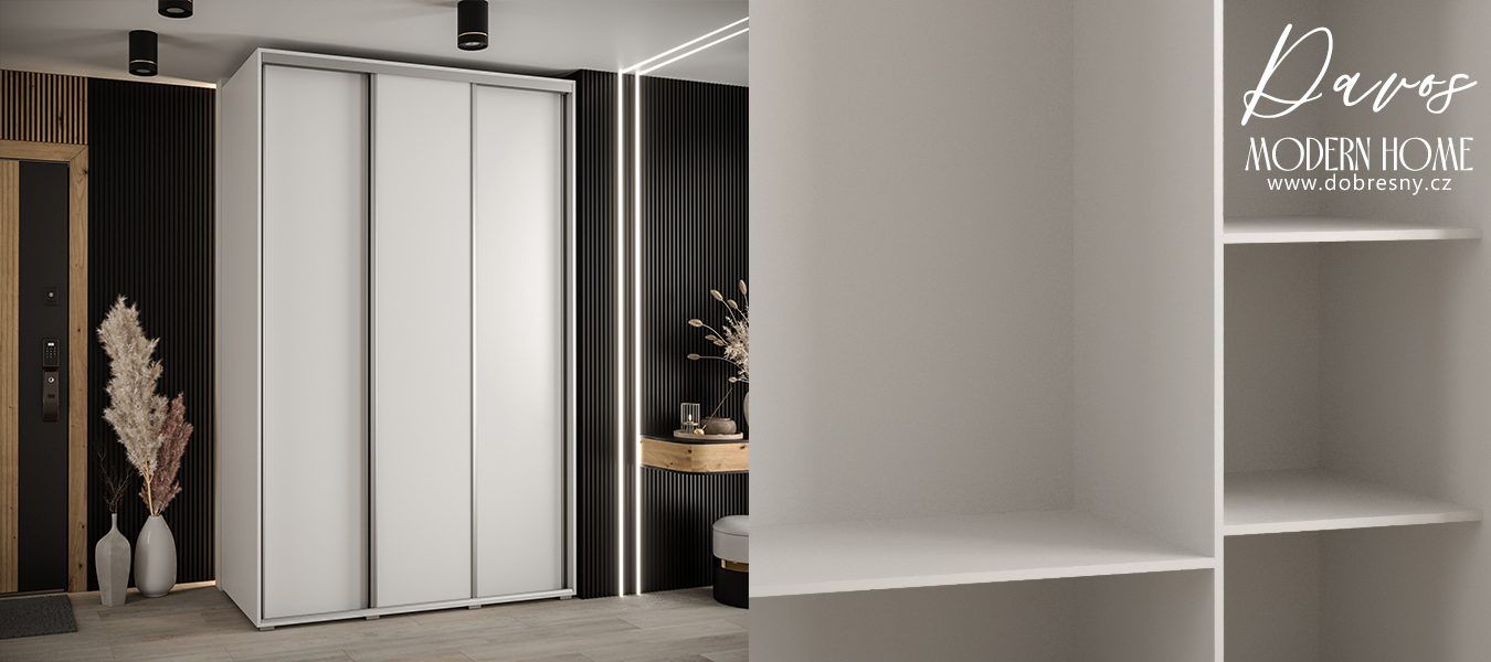 Šatní skříň s posuvnými dveřmi DAVOS 160cm | Bílá / stříbrné pojezdy