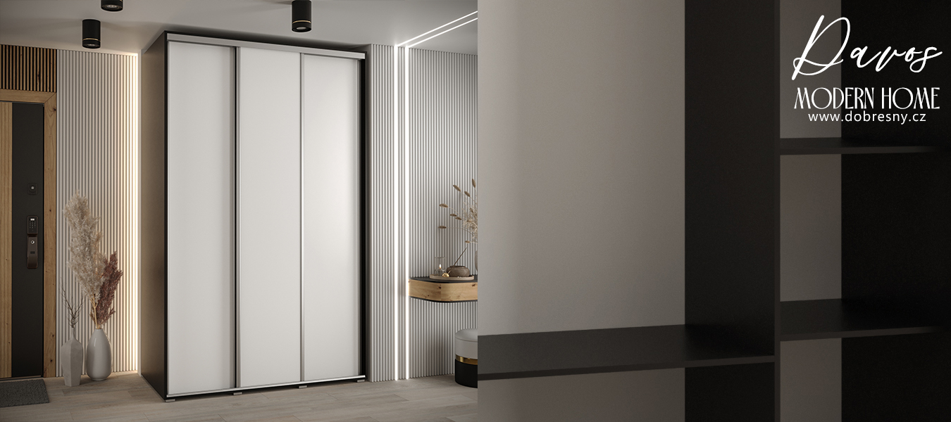Šatní skříň s posuvnými dveřmi DAVOS 160cm | Černá / bílá / stříbrné pojezdy