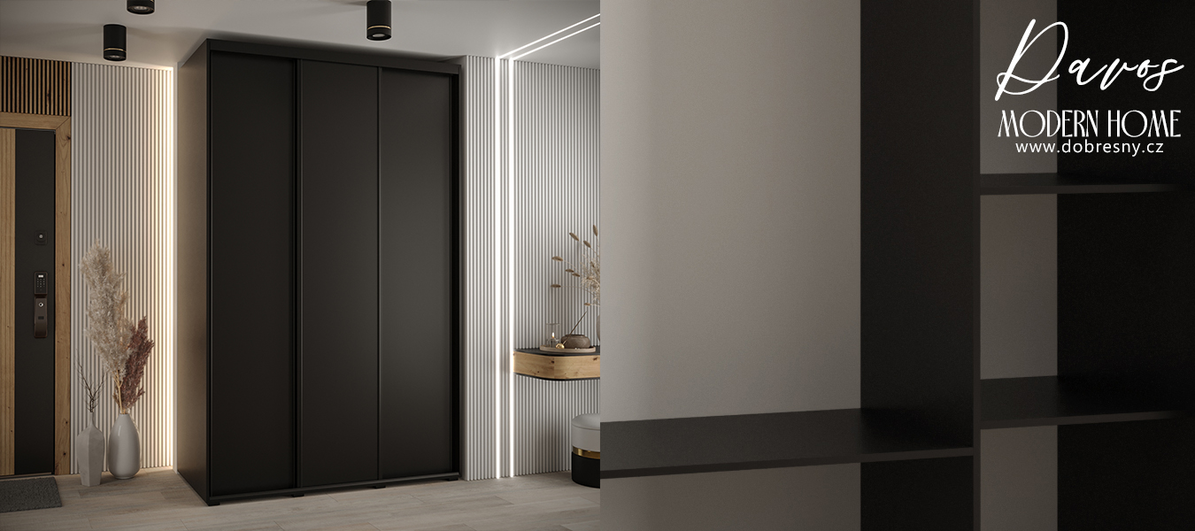 Šatní skříň s posuvnými dveřmi DAVOS 160cm | Černá / černé pojezdy