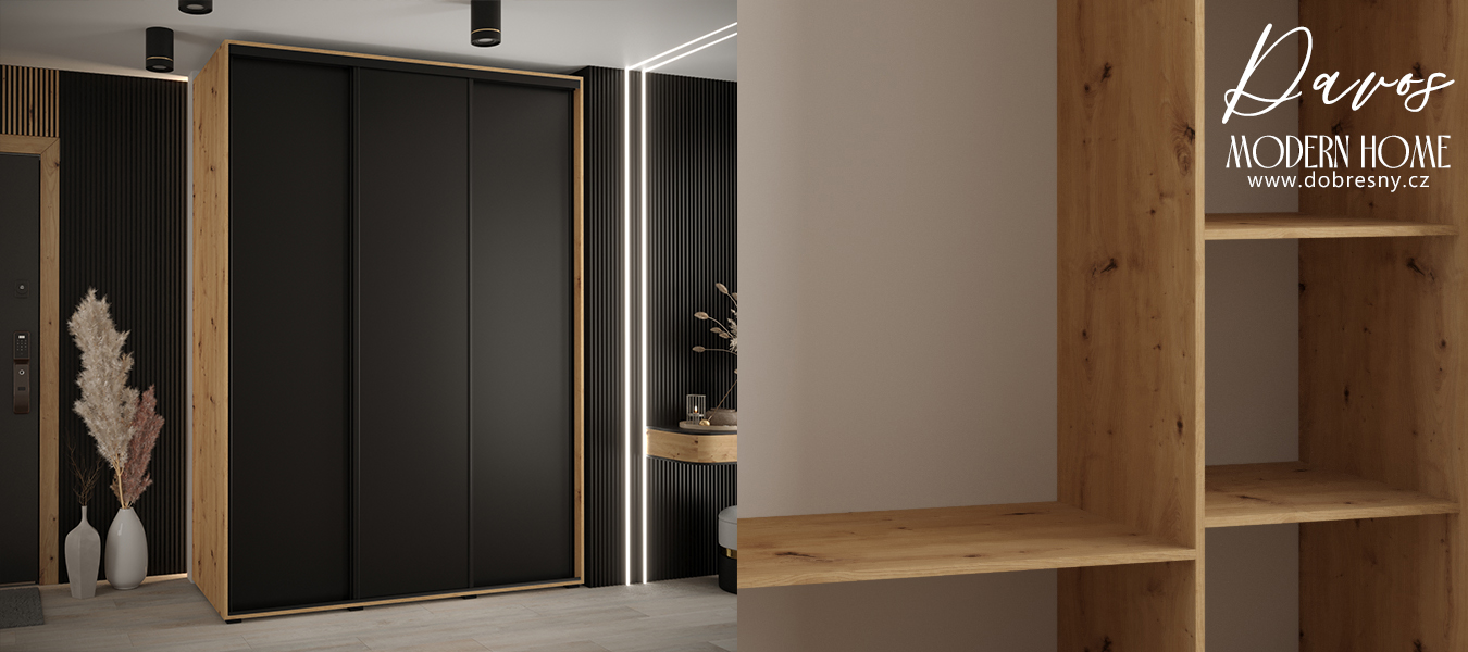 Šatní skříň s posuvnými dveřmi DAVOS 170cm | DUB Artisan / černá / černé pojezdy