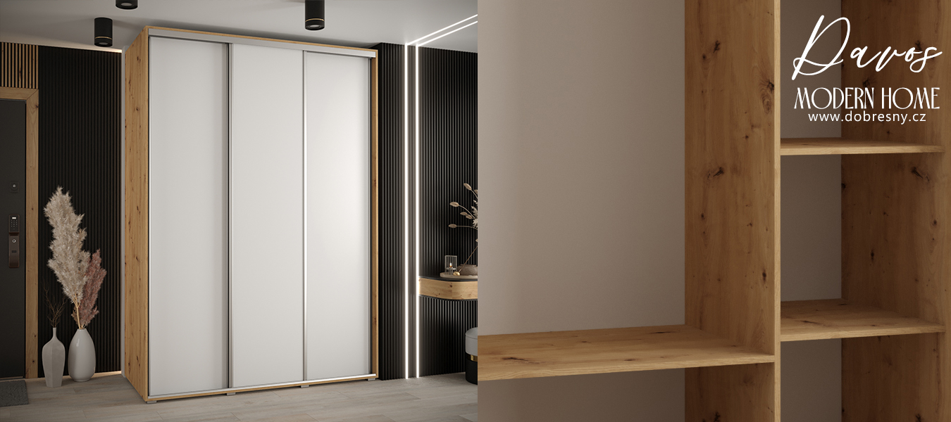 Šatní skříň s posuvnými dveřmi DAVOS 170cm | DUB Artisan / bílá / stříbrné