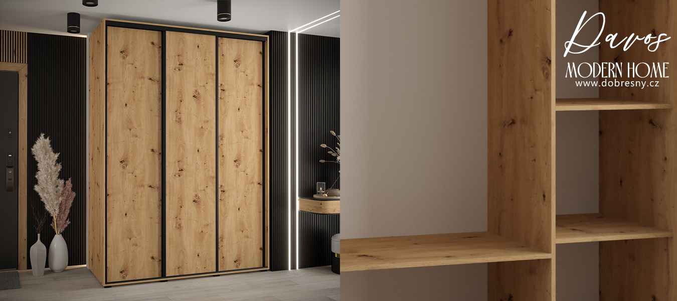 Šatní skříň s posuvnými dveřmi DAVOS 170cm | DUB Artisan / černé pojezdy