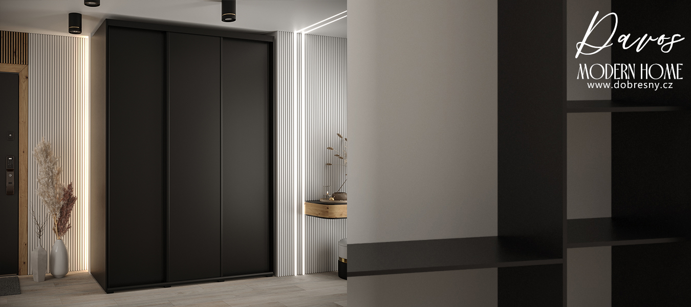 Šatní skříň s posuvnými dveřmi DAVOS 170cm | Černá / černé pojezdy