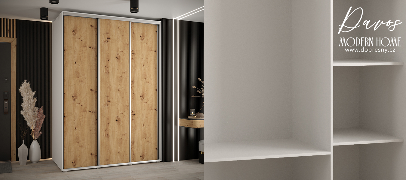 Šatní skříň s posuvnými dveřmi DAVOS 180cm | Bílá / DUB Artisan / stříbrné