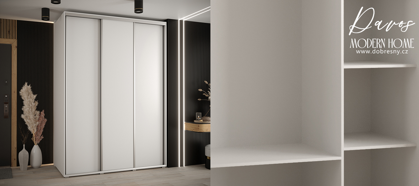 Šatní skříň s posuvnými dveřmi DAVOS 180cm | Bílá / stříbrné pojezdy