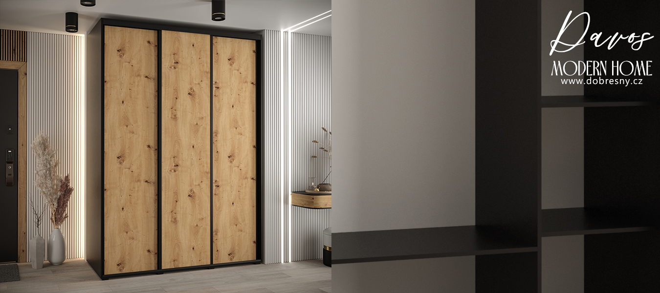Šatní skříň s posuvnými dveřmi DAVOS 180cm | Černá / DUB Artisan / černé pojezdy