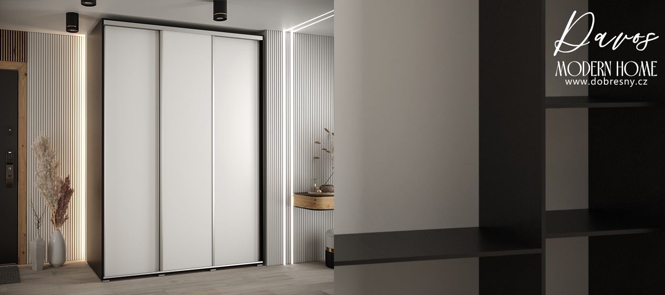 Šatní skříň s posuvnými dveřmi DAVOS 180cm | Černá / bílá / stříbrné pojezdy