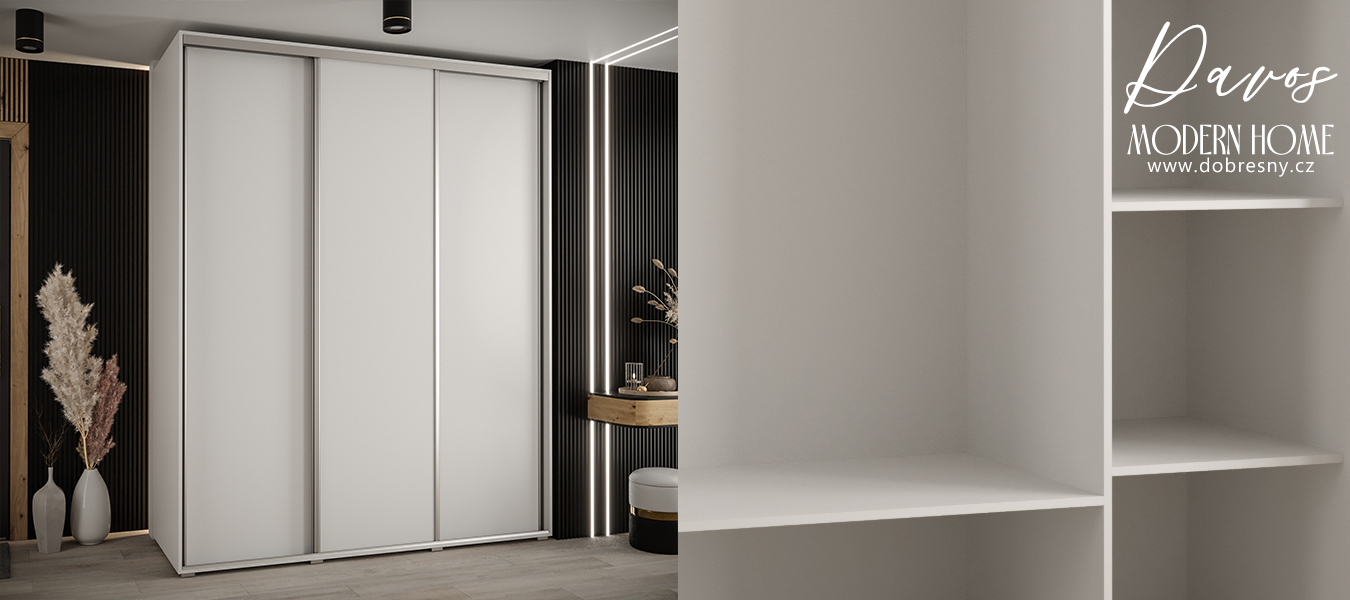 Šatní skříň s posuvnými dveřmi DAVOS 190cm | Bílá / stříbrné pojezdy