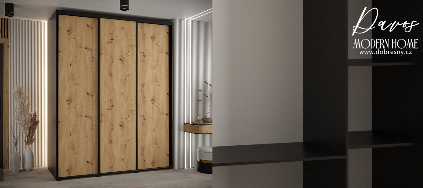 Šatní skříň s posuvnými dveřmi DAVOS 190cm | Černá / DUB Artisan / černé pojezdy