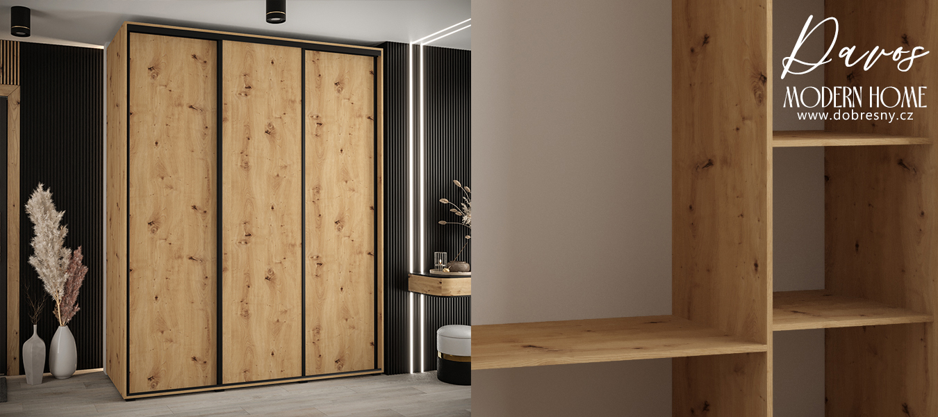 Šatní skříň s posuvnými dveřmi DAVOS 190cm | DUB Artisan / černé pojezdy