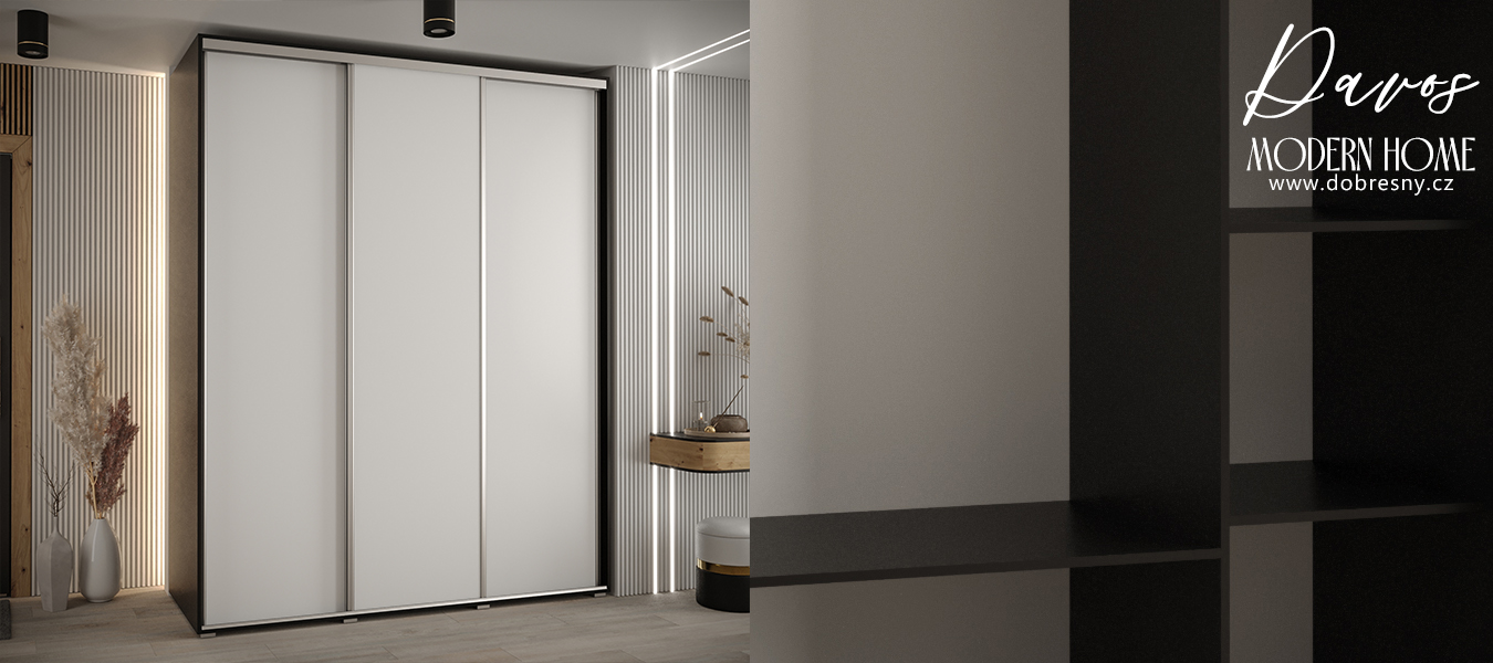 Šatní skříň s posuvnými dveřmi DAVOS 200cm | Černá / bílá / stříbrné pojezdy