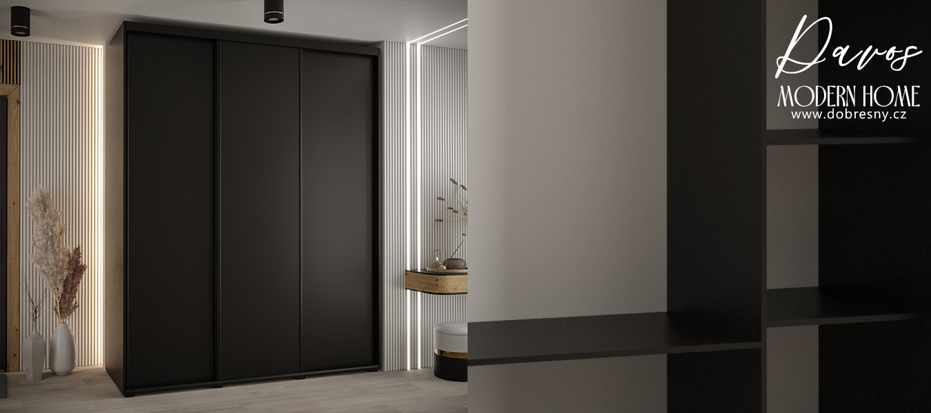Šatní skříň s posuvnými dveřmi DAVOS 200cm | Černá / černé pojezdy