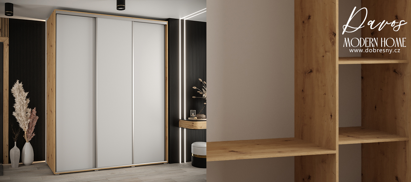 Šatní skříň s posuvnými dveřmi DAVOS 200cm | DUB Artisan / bílá / stříbrné