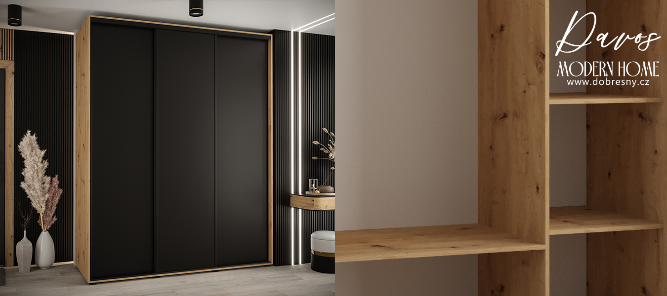 Šatní skříň s posuvnými dveřmi DAVOS 200cm | DUB Artisan / černá / černé pojezdy
