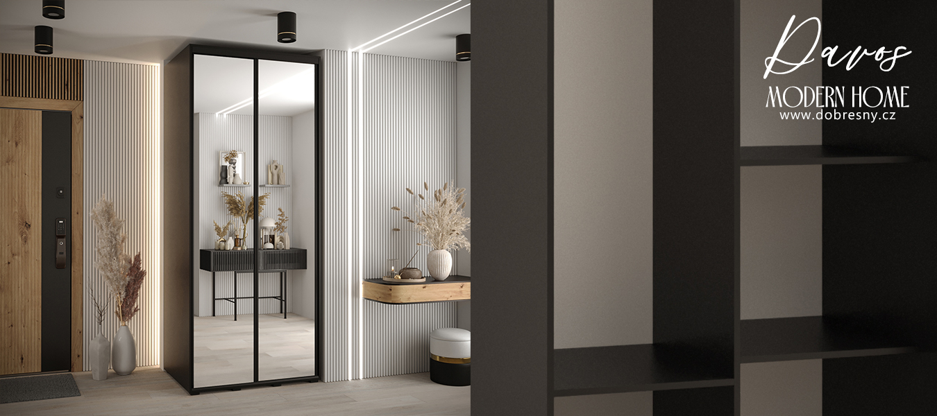 Šatní skříň s posuvnými zrcadlovými dveřmi DAVOS 100cm | Černá / černé pojezdy