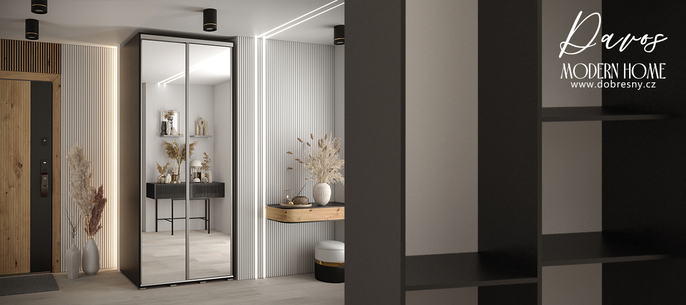 Šatní skříň s posuvnými zrcadlovými dveřmi DAVOS 100cm | Černá / stříbrné pojezdy