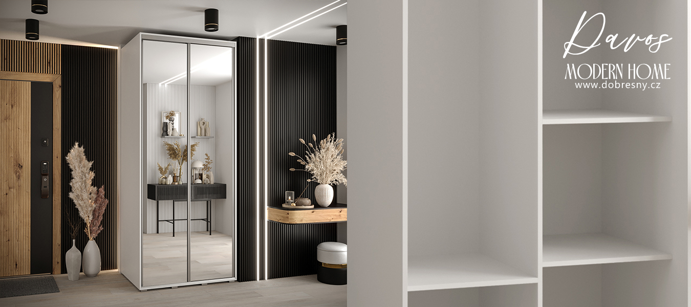 Šatní skříň s posuvnými zrcadlovými dveřmi DAVOS 100cm | Bílá / stříbrné pojezdy