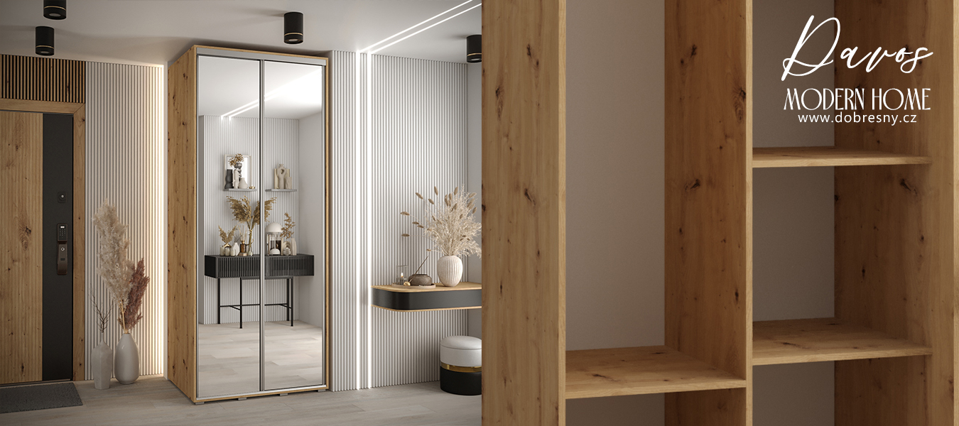 Šatní skříň s posuvnými zrcadlovými dveřmi DAVOS 120cm | DUB Artisan / stříbrné pojezdy