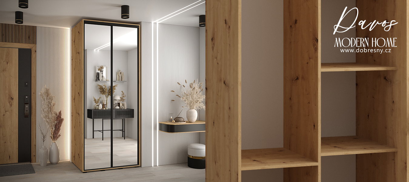 Šatní skříň s posuvnými zrcadlovými dveřmi DAVOS 120cm | DUB Artisan / černé pojezdy