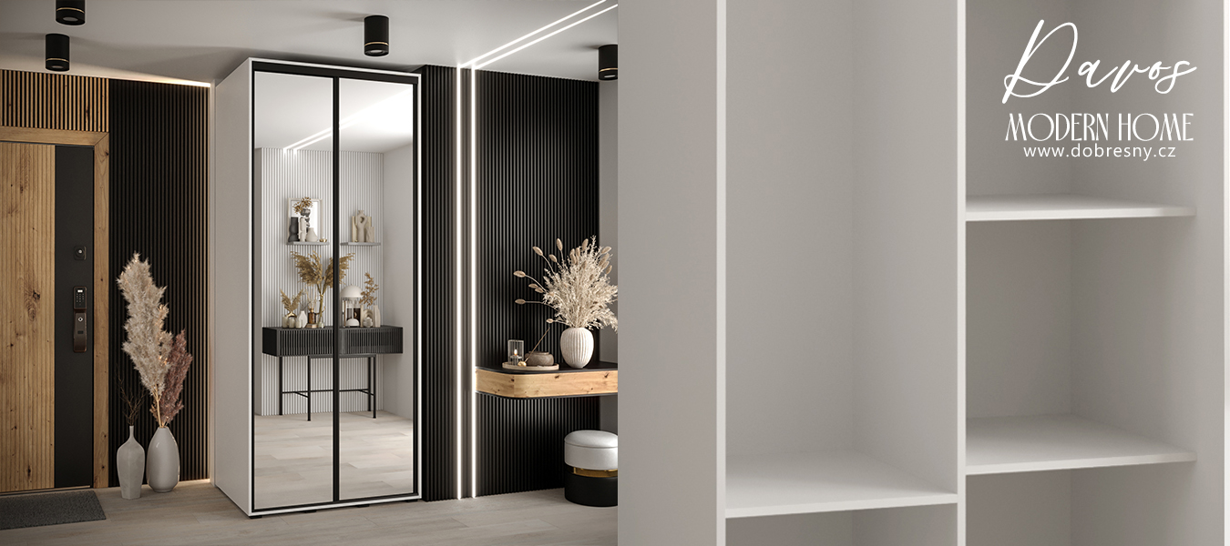 Šatní skříň s posuvnými zrcadlovými dveřmi DAVOS 120cm | Bílá / černé pojezdy