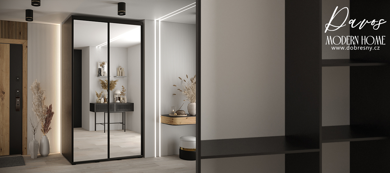 Šatní skříň s posuvnými zrcadlovými dveřmi DAVOS 140cm | Černá / černé pojezdy