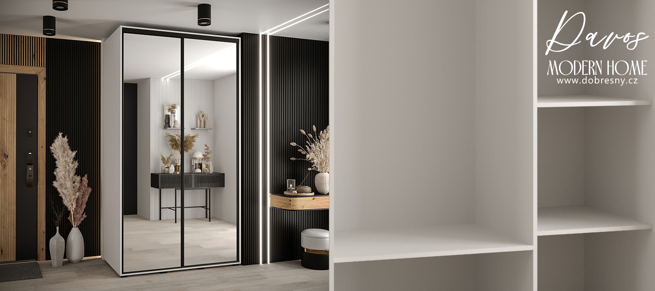 Šatní skříň s posuvnými zrcadlovými dveřmi DAVOS 140cm | Bílá / černé pojezdy