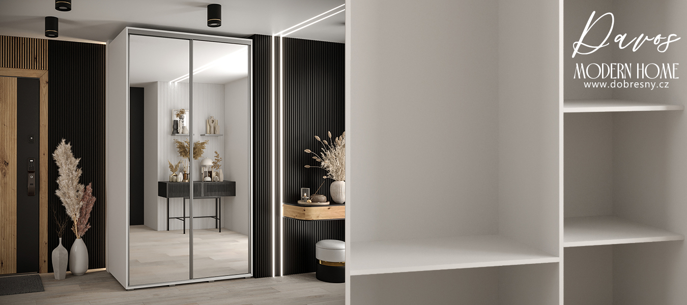 Šatní skříň s posuvnými zrcadlovými dveřmi DAVOS 140cm | Bílá / stříbrné pojezdy