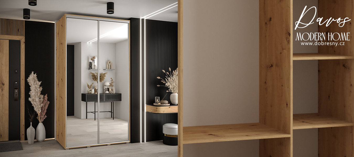 Šatní skříň s posuvnými zrcadlovými dveřmi DAVOS 140cm | DUB Artisan / stříbrné pojezdy
