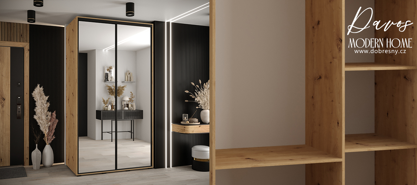 Šatní skříň s posuvnými zrcadlovými dveřmi DAVOS 140cm | DUB Artisan / černé pojezdy