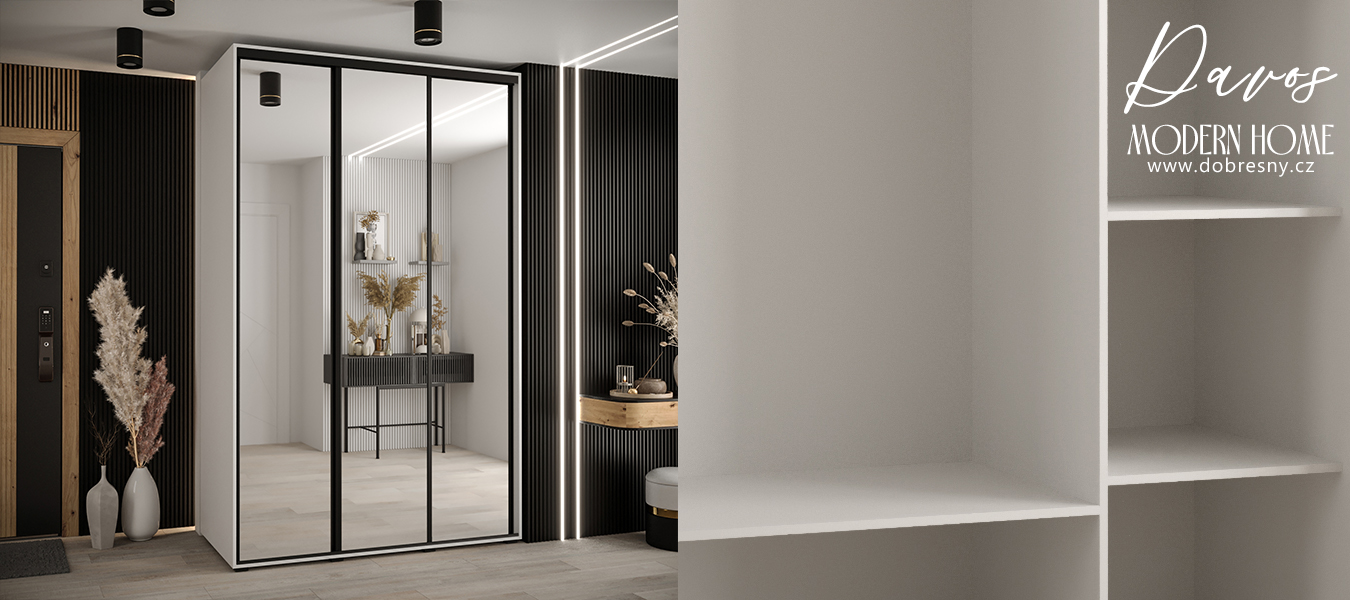 Šatní skříň s posuvnými zrcadlovými dveřmi DAVOS 160cm | Bílá / černé pojezdy
