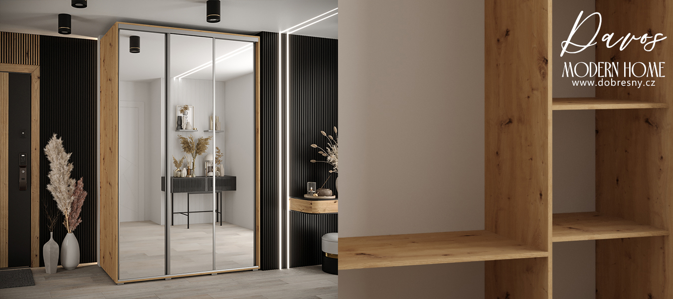Šatní skříň s posuvnými zrcadlovými dveřmi DAVOS 160cm | DUB Artisan / stříbrné pojezdy
