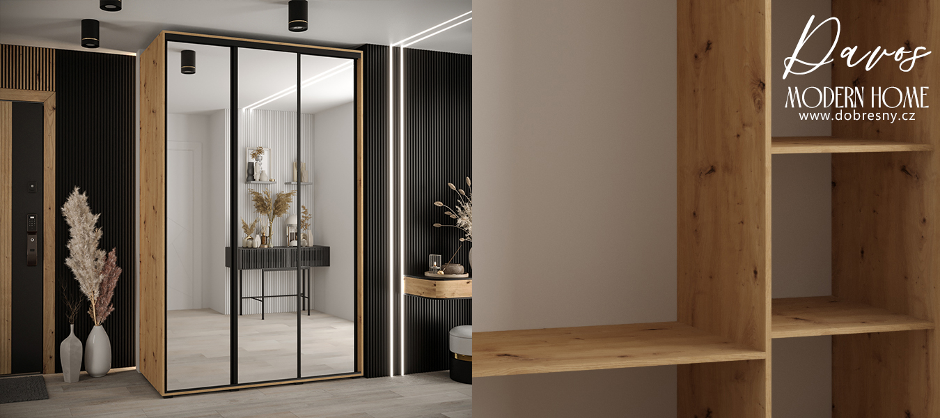 Šatní skříň s posuvnými zrcadlovými dveřmi DAVOS 160cm | DUB Artisan / černé pojezdy